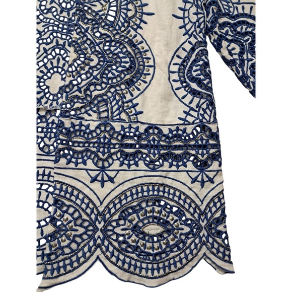 NWT Chico's Jacket Women's 0 Small White Blue Embroidered Scallop Hem Linen Boho - Picture 6 of 12